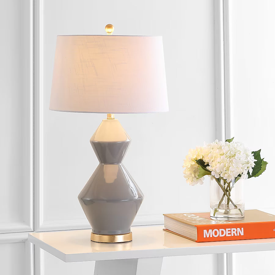 JONATHAN Y Alba Geometric Ceramic/Metal Transitional 29-in Gray LED Incandescent Rotary socket Table Lamp with Linen Shade SHOWROOM ITEM