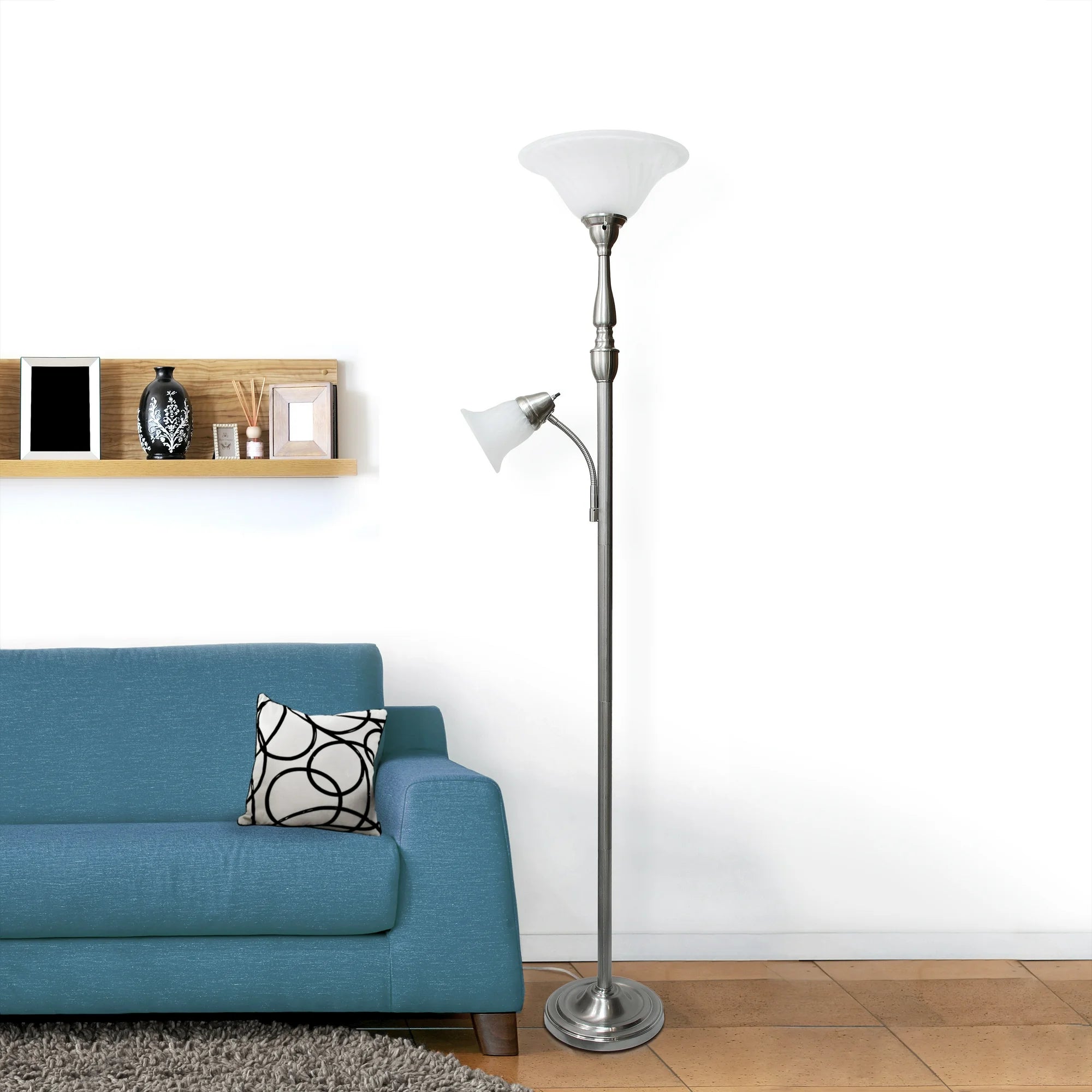 2-Light Mother Daughter Brushed Nickel Floor Lamp with White Marble Glass Shade