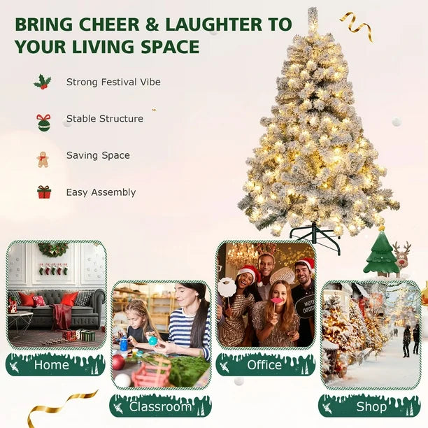 Pre-Lit Premium Snow Flocked Hinged Artificial Christmas Tree w/150 Lights