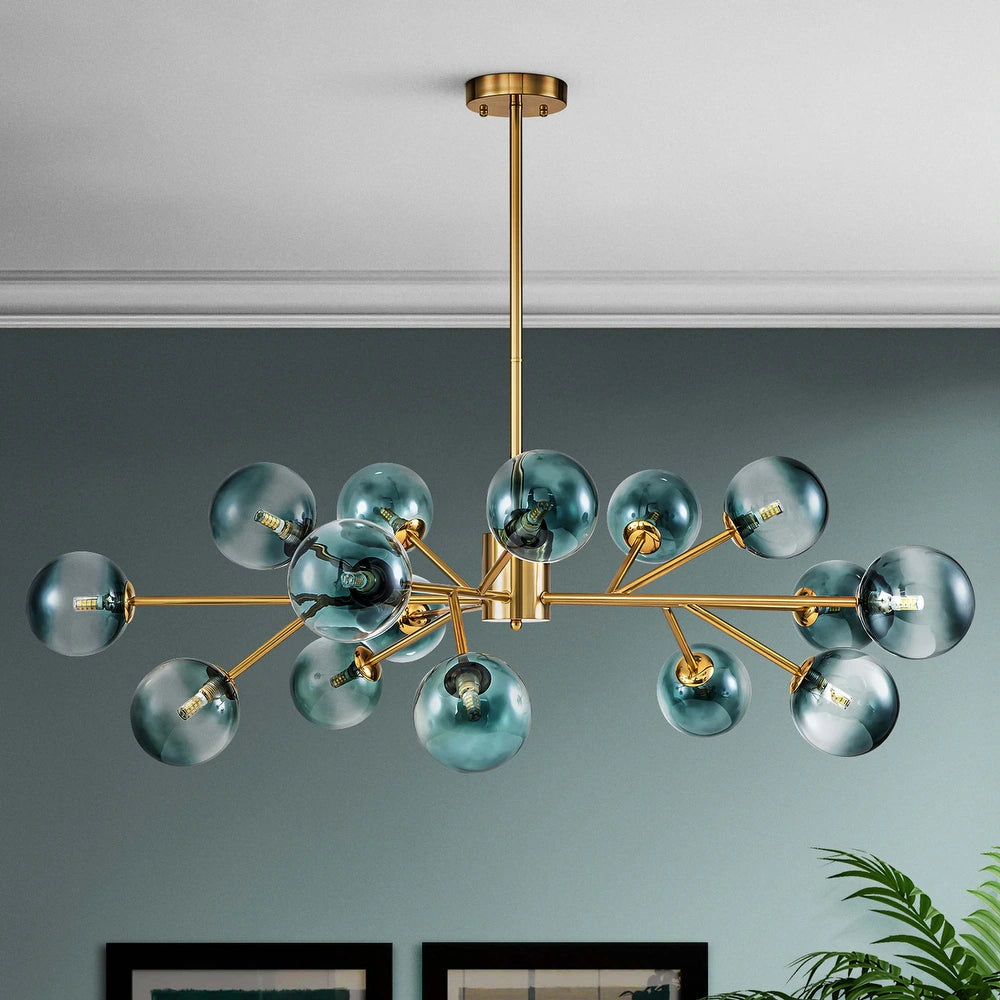 15-Light Modern Branch Sputnik Chandelier Cluster Glass Globe Bubble Ceiling Light - Blue Glass - Gold