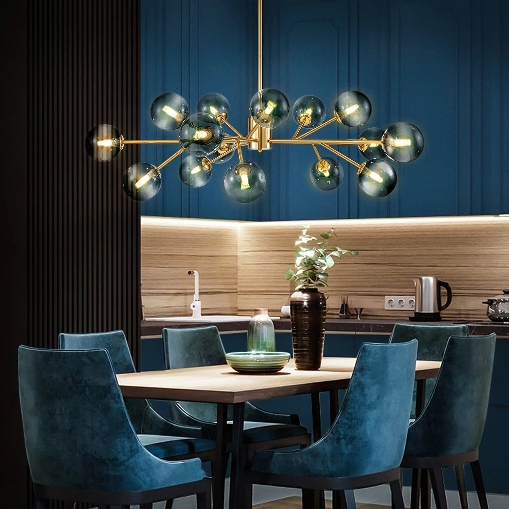 15-Light Modern Branch Sputnik Chandelier Cluster Glass Globe Bubble Ceiling Light - Blue Glass - Gold