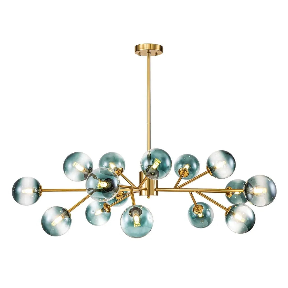 15-Light Modern Branch Sputnik Chandelier Cluster Glass Globe Bubble Ceiling Light - Blue Glass - Gold