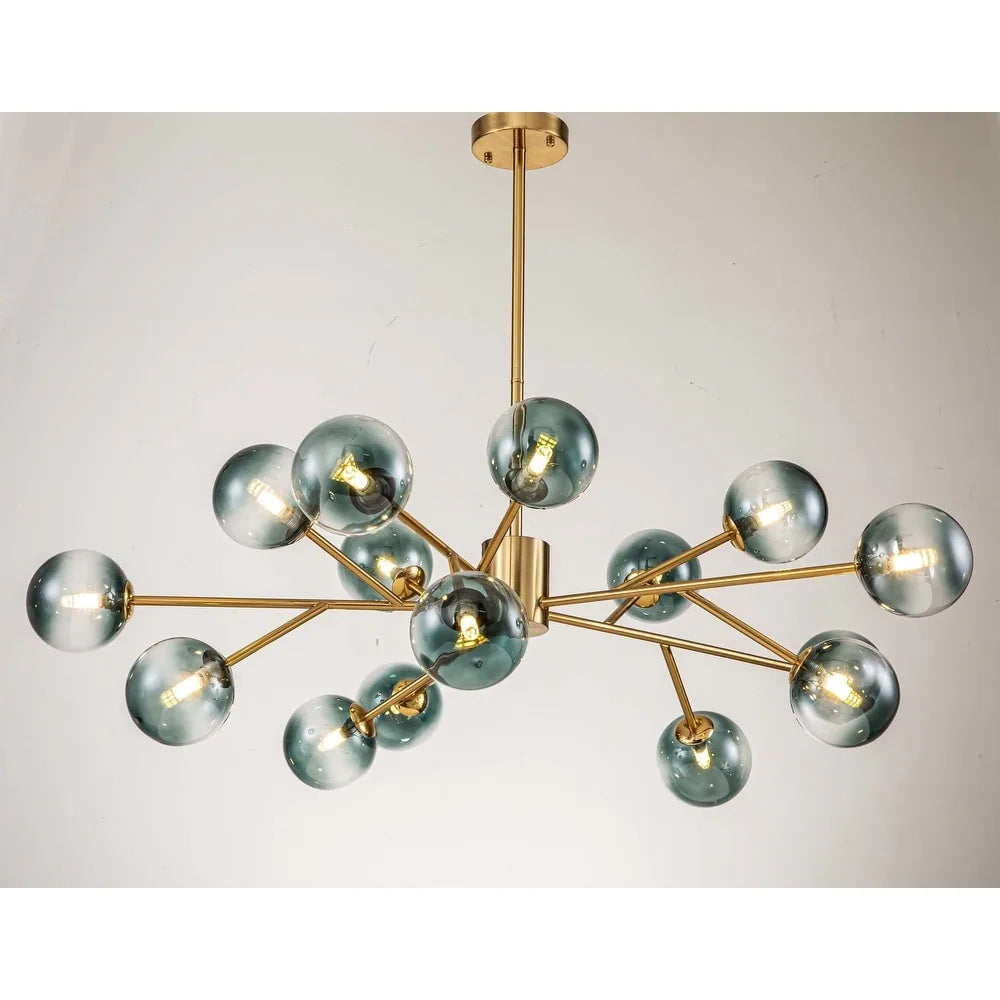 15-Light Modern Branch Sputnik Chandelier Cluster Glass Globe Bubble Ceiling Light - Blue Glass - Gold