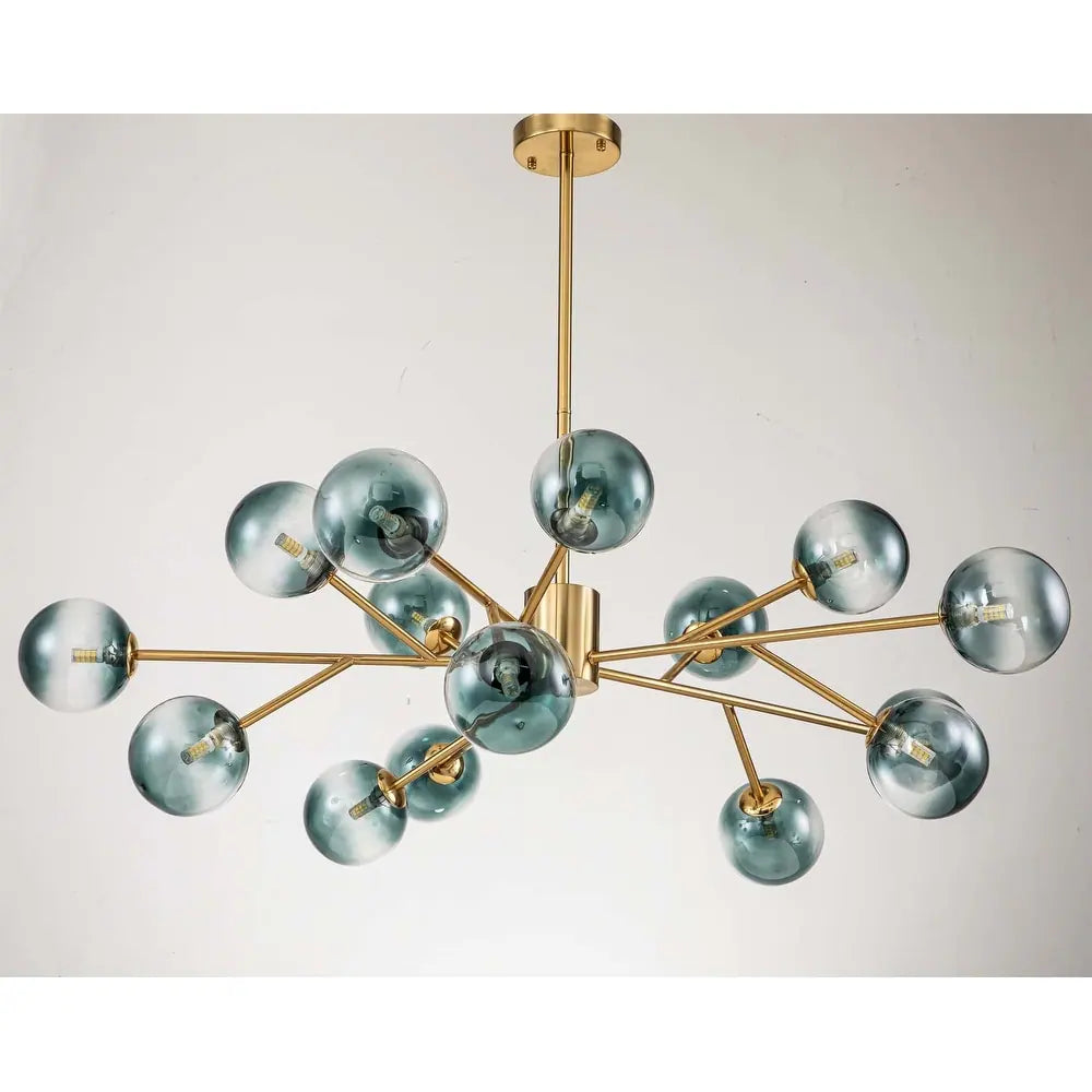 15-Light Modern Branch Sputnik Chandelier Cluster Glass Globe Bubble Ceiling Light - Blue Glass - Gold