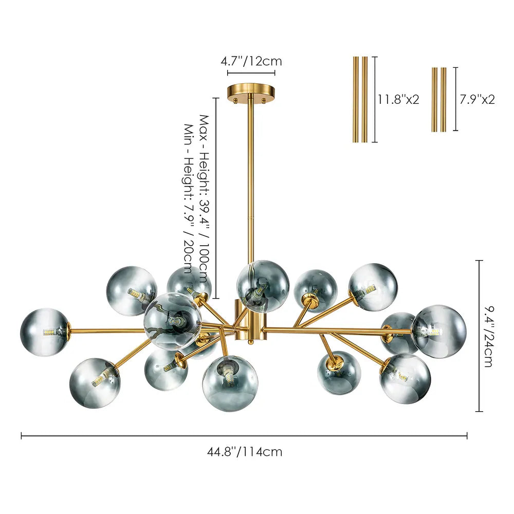 15-Light Modern Branch Sputnik Chandelier Cluster Glass Globe Bubble Ceiling Light - Blue Glass - Gold