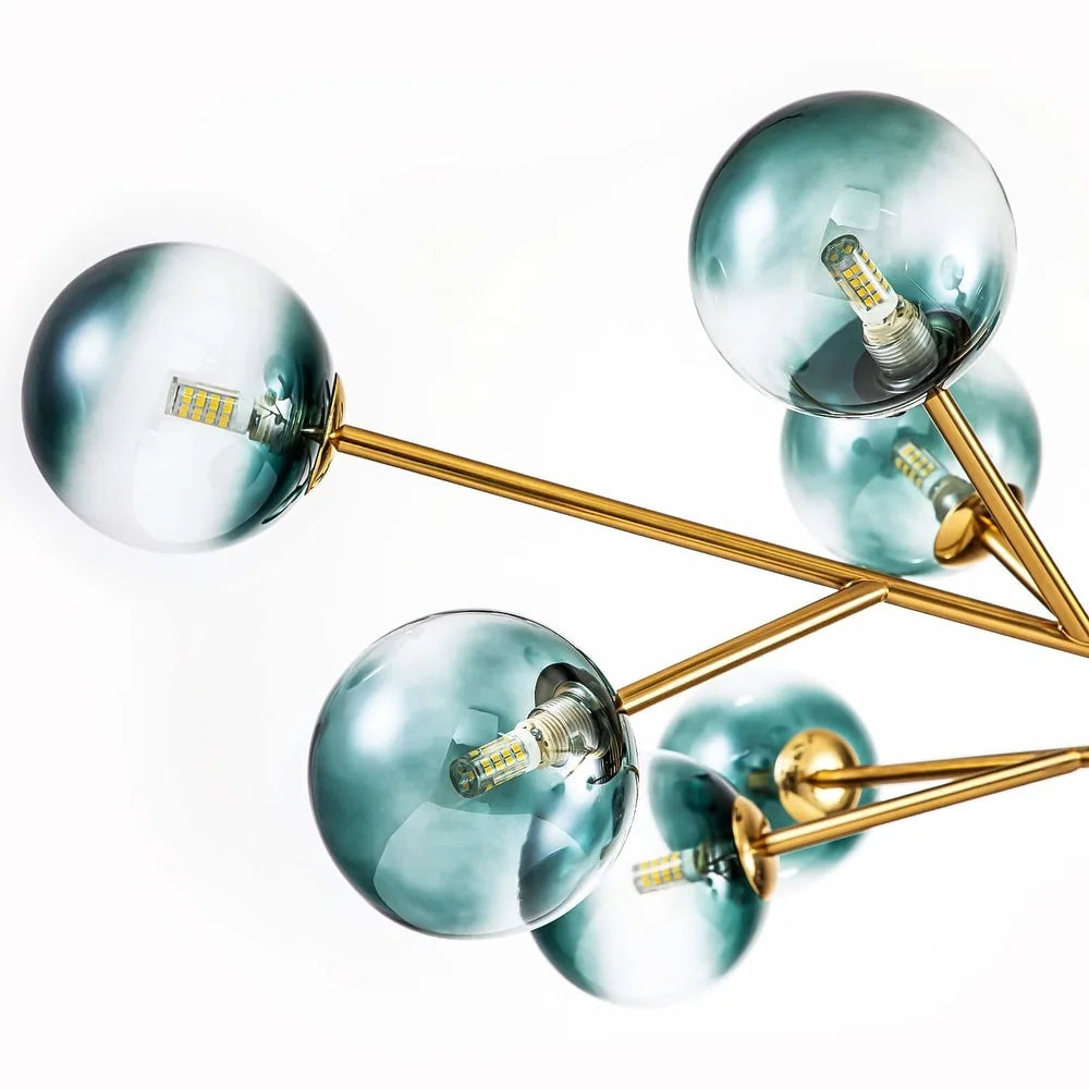 15-Light Modern Branch Sputnik Chandelier Cluster Glass Globe Bubble Ceiling Light - Blue Glass - Gold