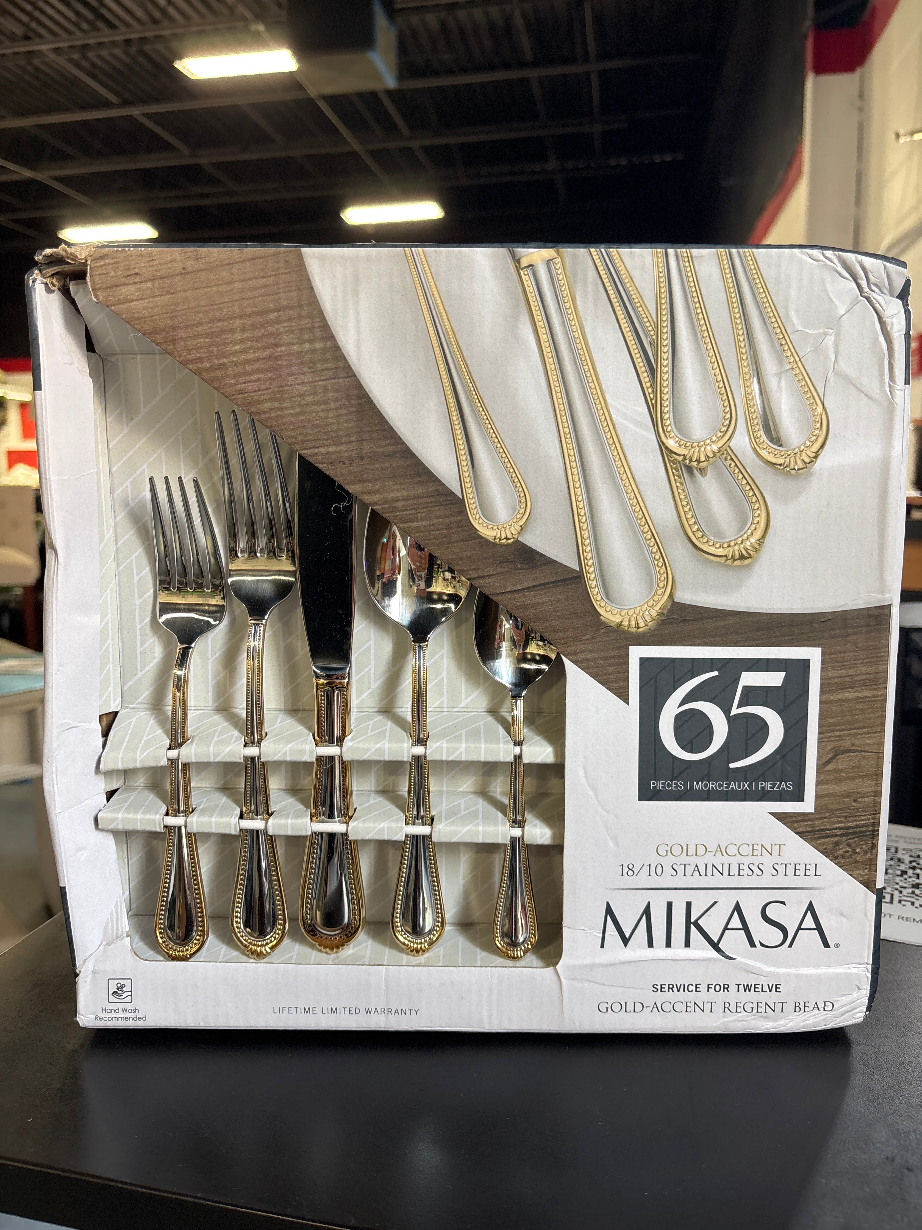 65pc Mikasa Regent Bead Gold 18/10 Stainless Steel Flatware Set - Service for 12 SHOWROOM ITEM