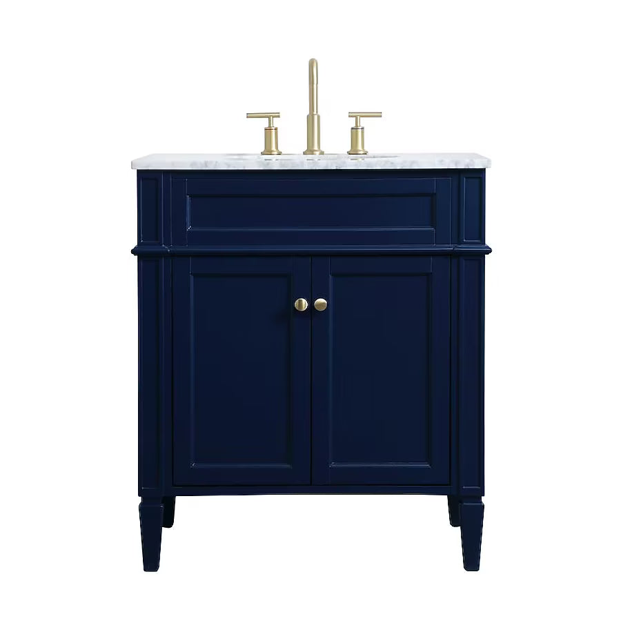 30" Blue Undermount Single Sink Bathroom Vanity with Cararra White Marble Top SHOWROOM ITEM