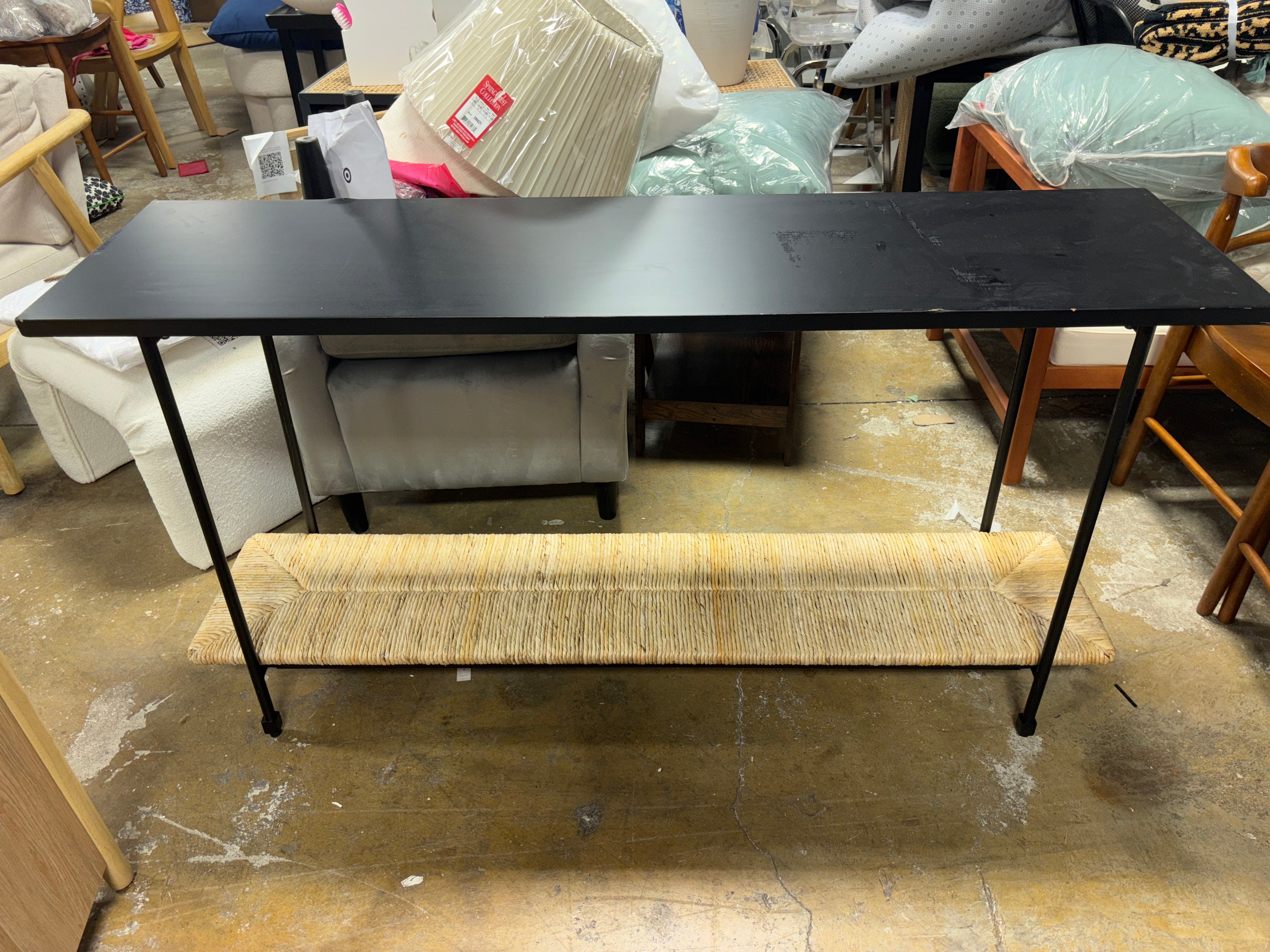 Metal and Rush Weave Top Console Table - Black SHOWROOM ITEM