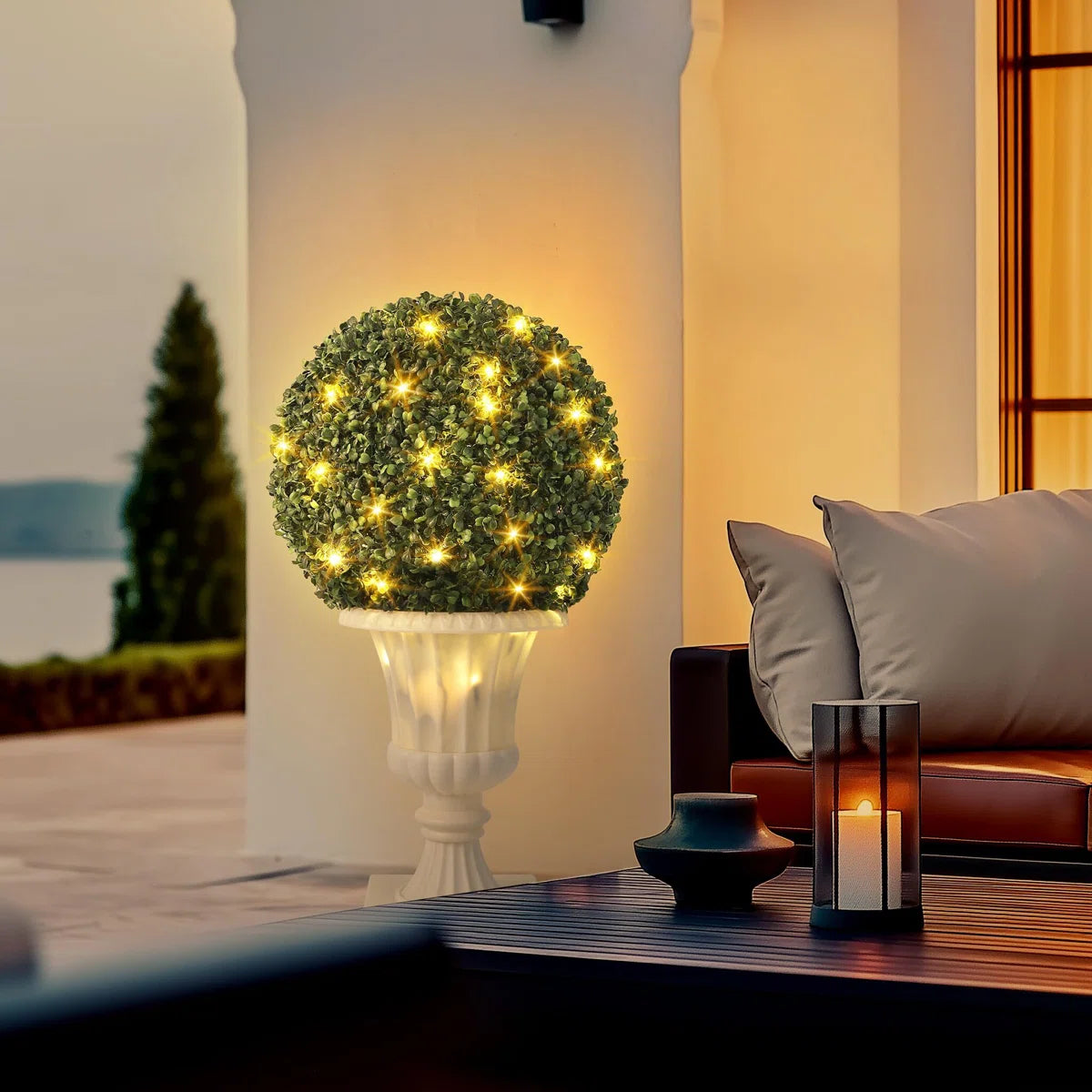 Artificial Plant Topiary Ball, Pre-Lit Artificial Topiary Plant With Lights