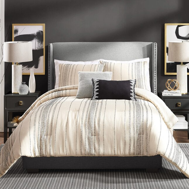 Ayesha Curry Slate stripe 3-Piece Off-white Full/Queen Comforter Set
