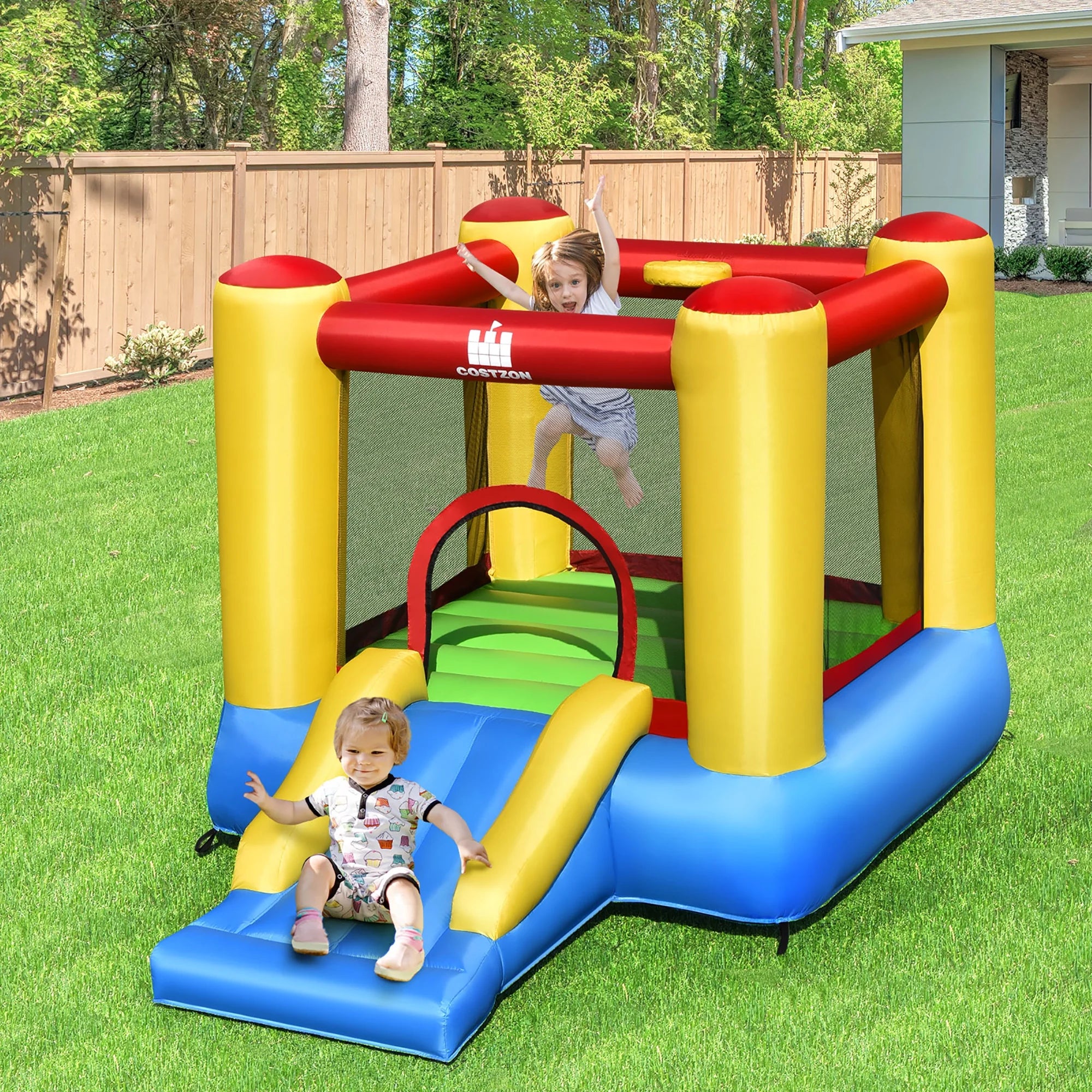 Inflatable Bounce House with Blower, Slide, Jumping Area & Basketball Hoop
