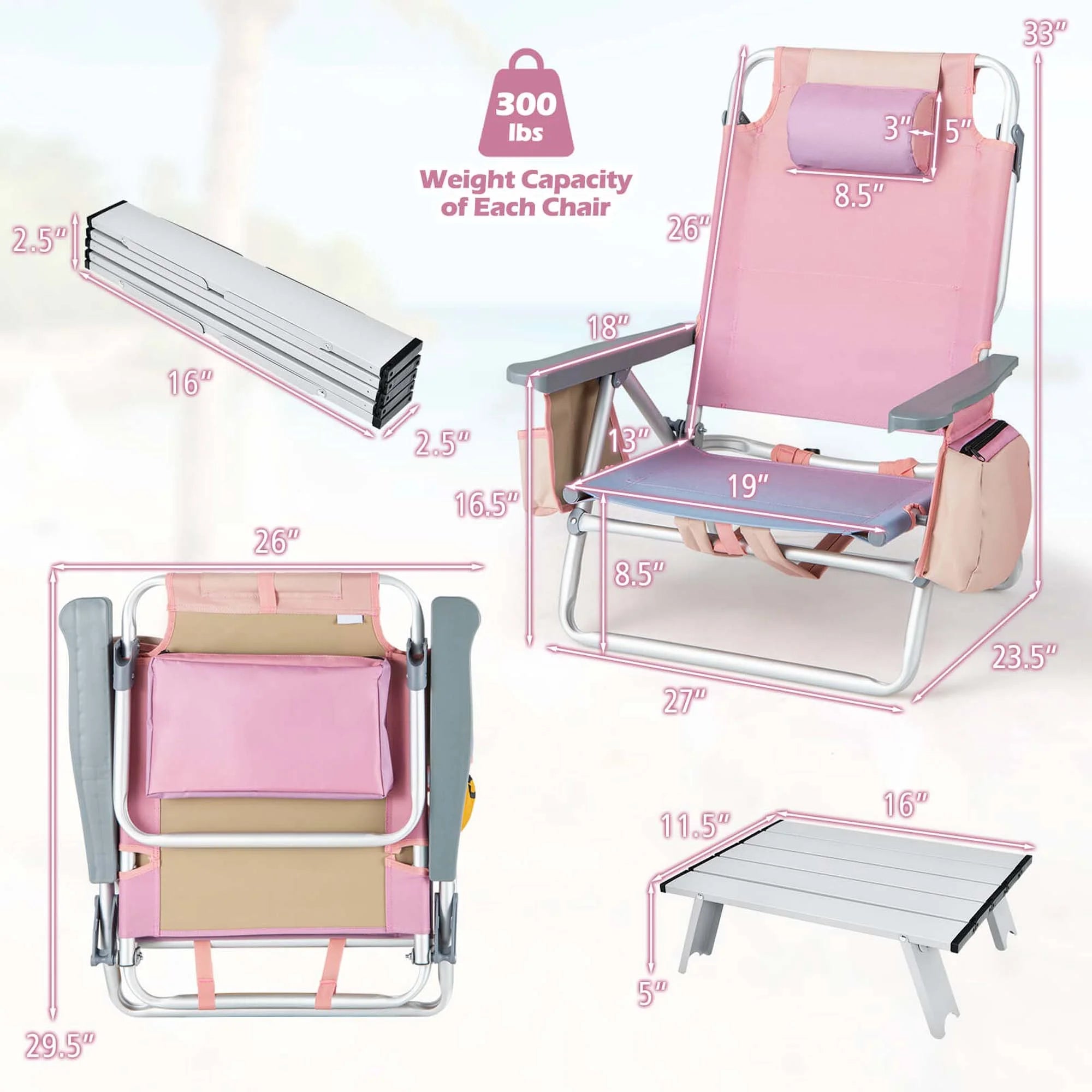 2-Pack Folding Backpack Beach Chair Table Set 5-Position Outdoor Reclining Chair Pink