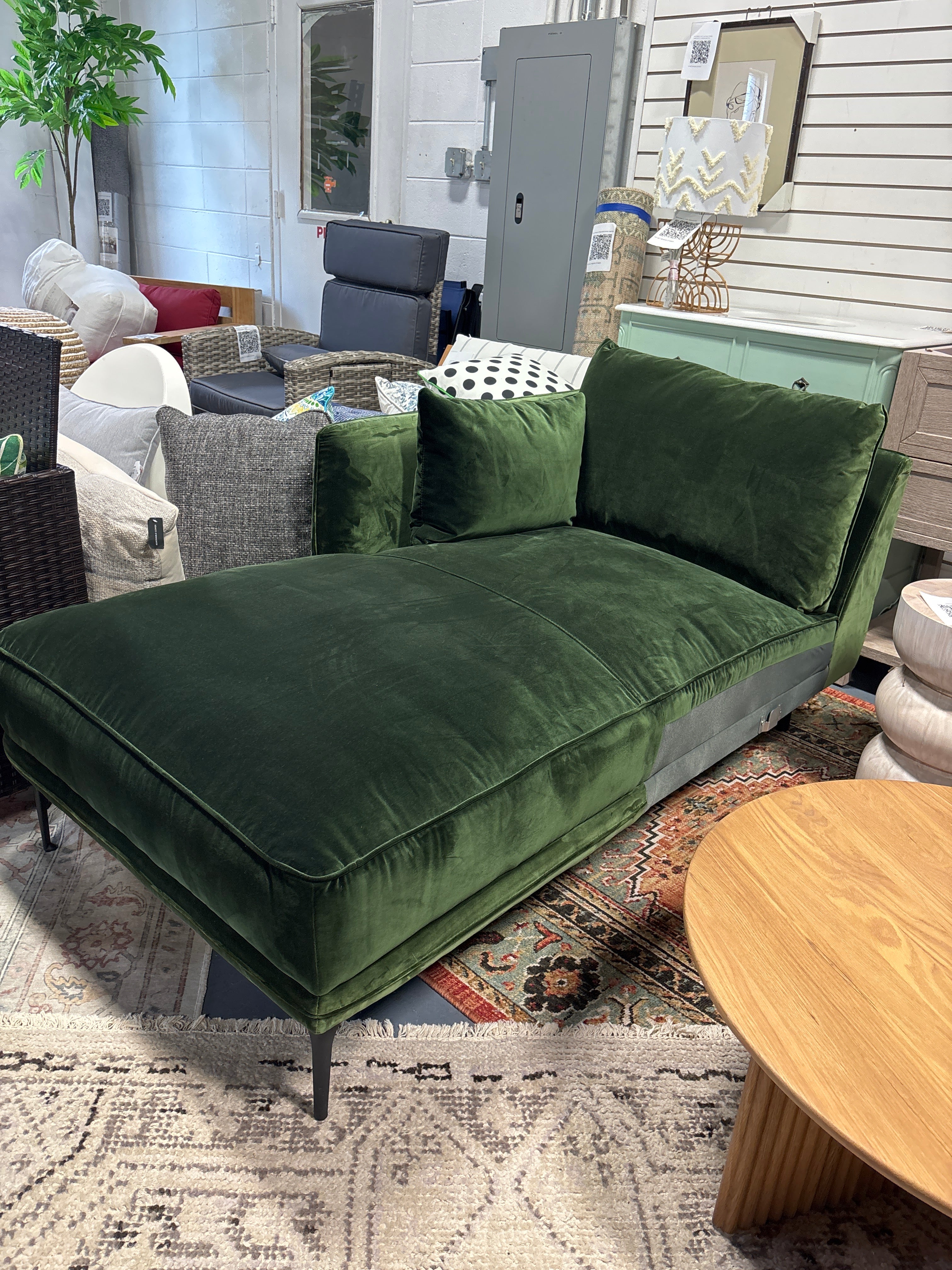 1pc Rae Velvet Upholstered Chaise - Green Cotton Blend SHOWROOM ITEM