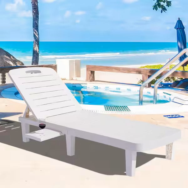 1-Piece Plastic Outdoor Chaise Lounge with Retractable Tray