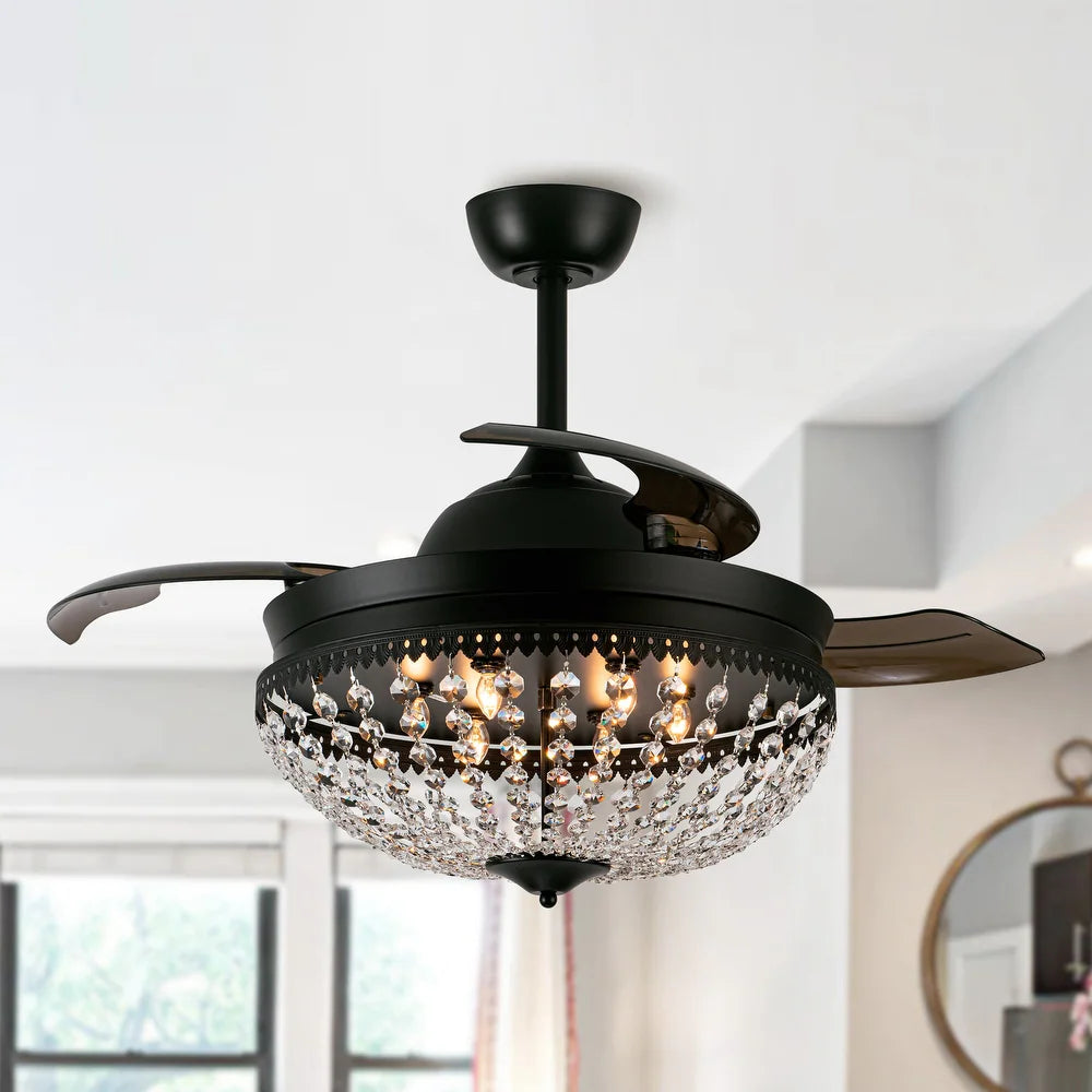 Black Retractable 3-Blade Crystal Chandelier Ceiling Fan with Remote