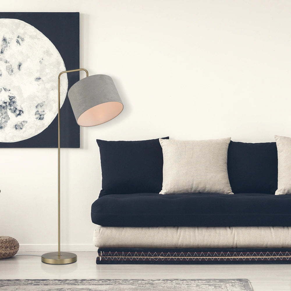 Barden Floor Lamp with Linen Shade - Brass Lamp w/Light Gray Velvet Shade