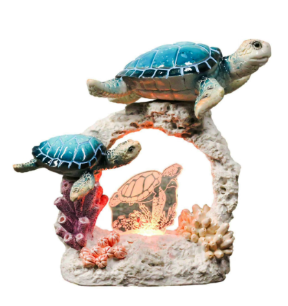Sea Turtle Mother And Hatchling Family By Coral Reef With 3D LED Light Figurine