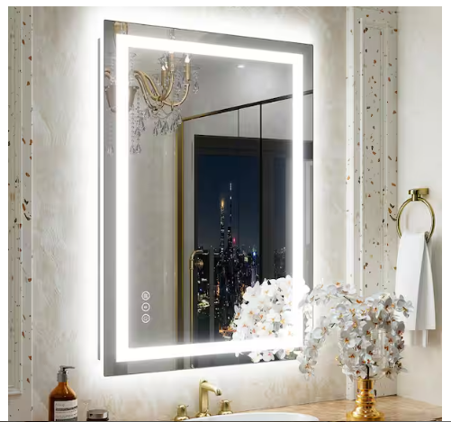 Rectangular Frameless Front & Back LED Lighted Anti-Fog Tempered Glass Wall Bathroom Vanity Mirror