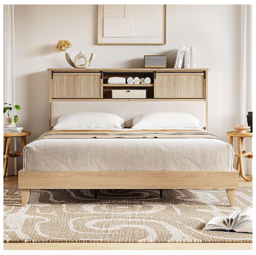 Rattan Bed Frame King with Shelves Boho Headboard Sliding Door 2-BOXES