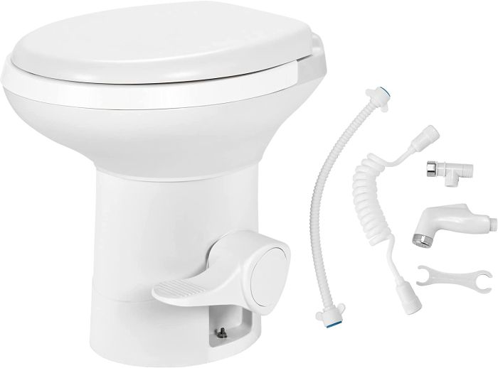 RV Toilet with Pedal Flush, Gravity Flush Toilet High Profile with Hand Sprayer