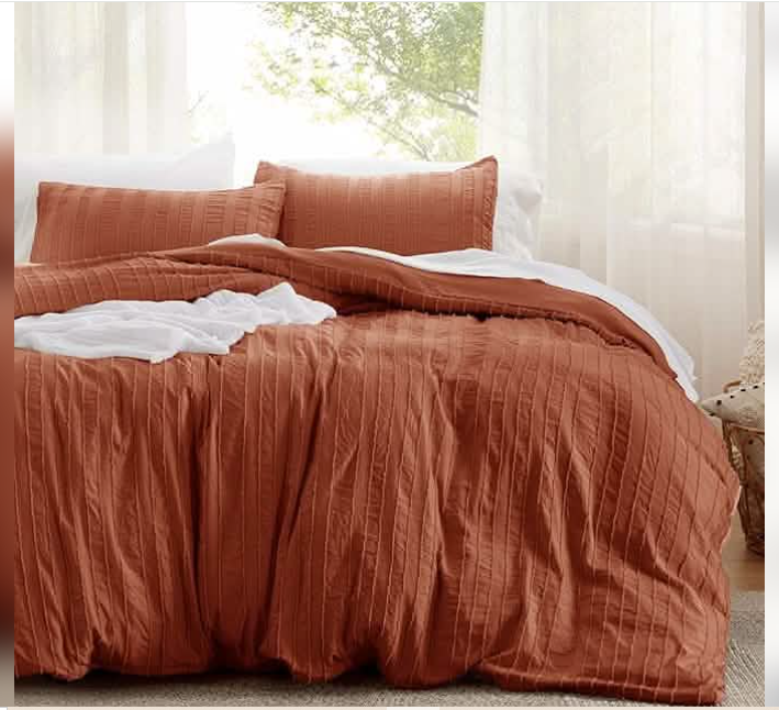 Striped Tufted Embroidery Duvet Cover Set - Queen - Terracotta