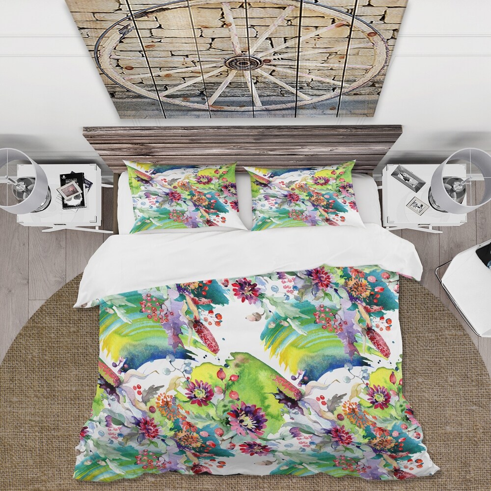 'Vibrant Wild Spring Leaves and Wildflowers X' Modern Duvet Cover Set - Full - Queen
