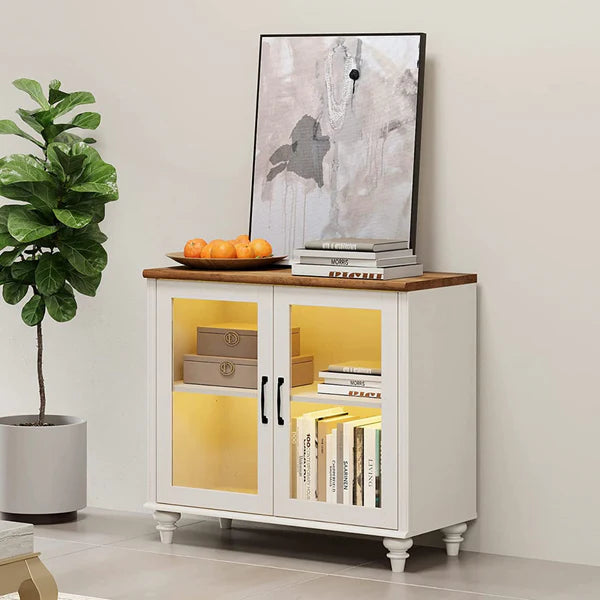 34"TV Stand for 43 Inch TV with Yellow LED Light, Kitchen Sideboard Buffet Cabinet with Glass Door for Dining Room, Off White