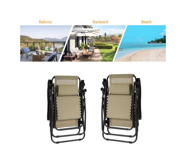 Beige Zero Gravity Folding Chair Patio Recliner with Adjustable Headrest And Side Tray (Set of 2 Chairs)