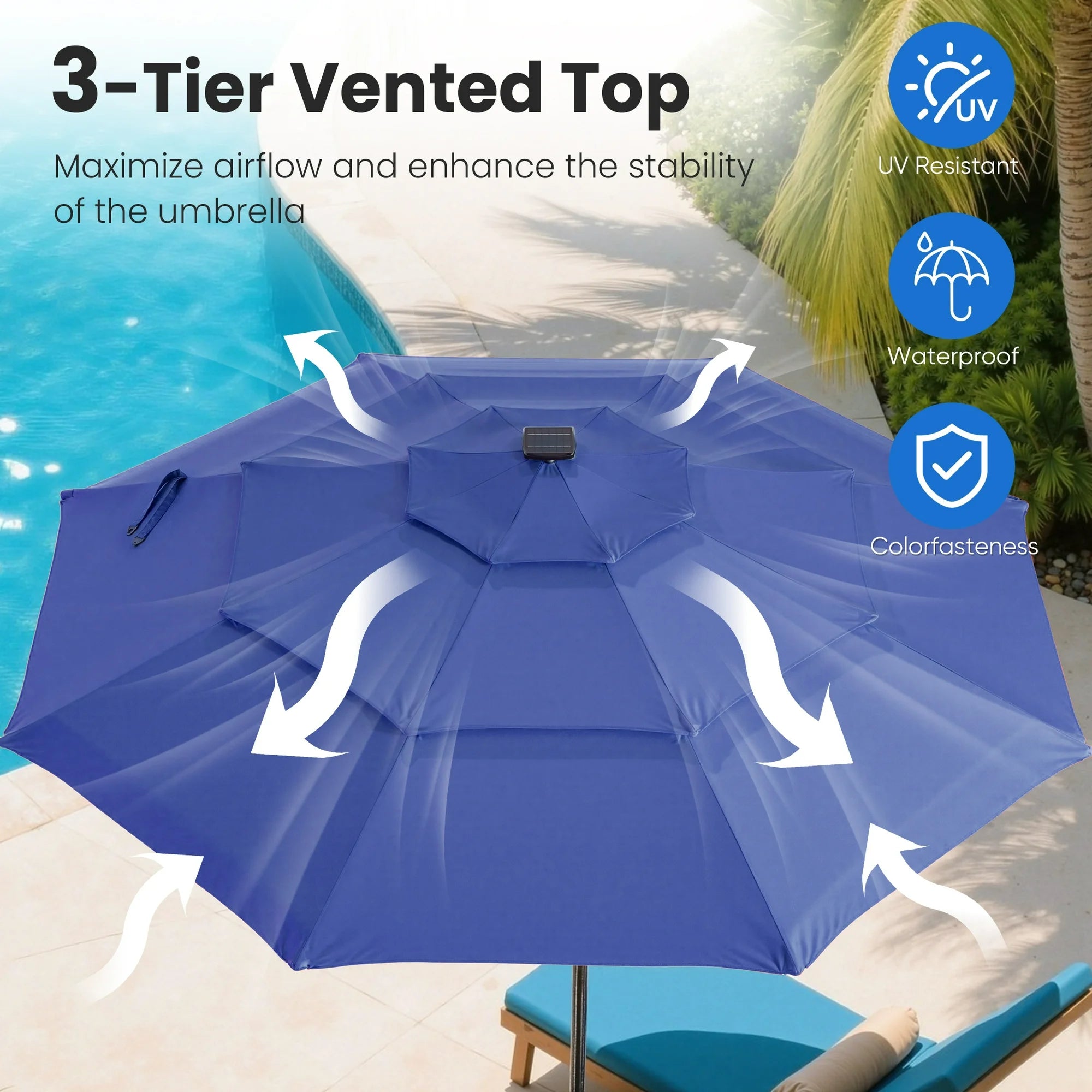 3-Tier Patio Umbrella with Tilt Adjustment Outdoor Market Umbrella Navy Blue