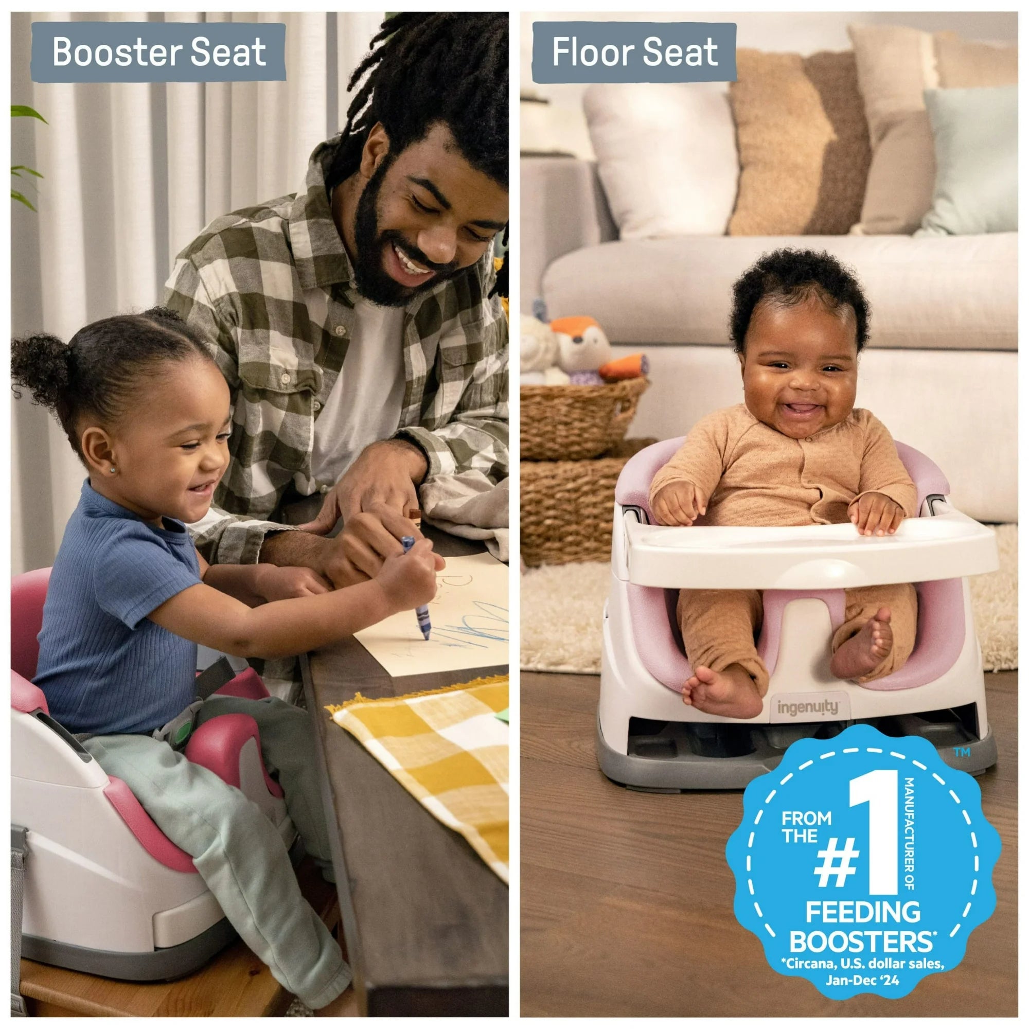 Baby Base 2-in-1 Booster Feeding High Chair and Floor Seat with Self-Storing Tray - Peony