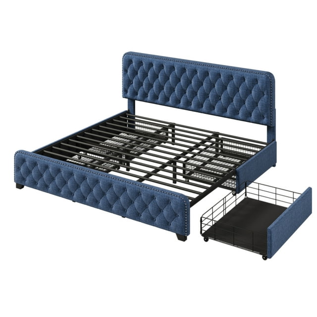 Blue Metal Frame King Size Button Tufted Nailhead Upholstered Platform Bed with 4 Large Drawers