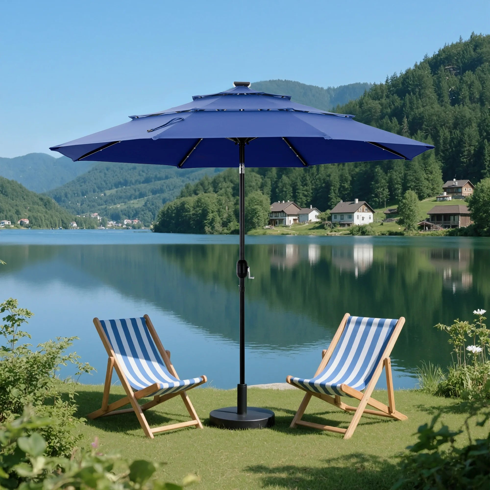 3-Tier Patio Umbrella with Tilt Adjustment Outdoor Market Umbrella Navy Blue