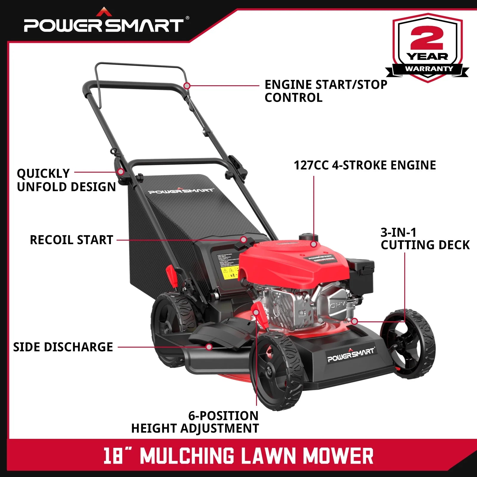 3-in-1 Gas Push Lawn Mower with 144cc Engine, 6-Position Height Adjustment