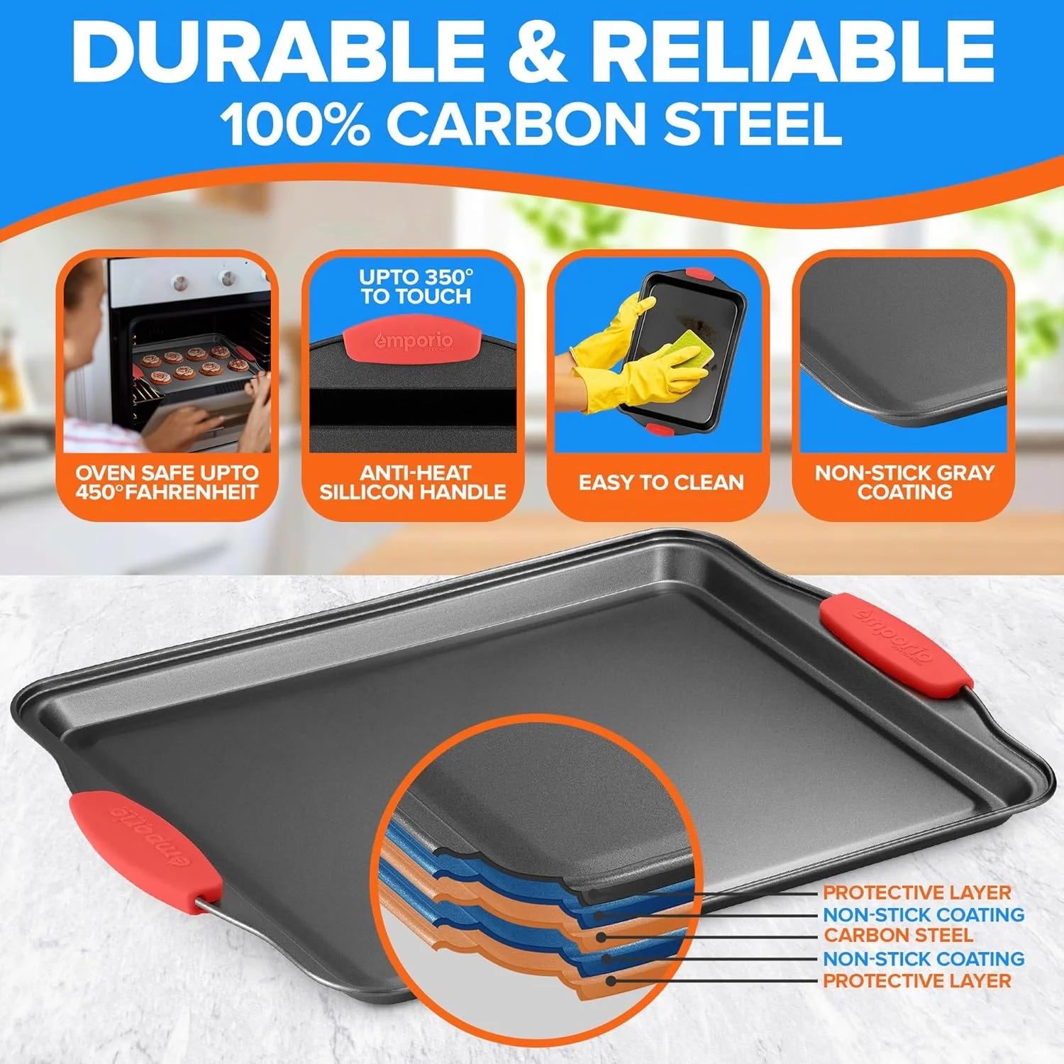 Baking Pan Set - Nonstick Coating, Carbon Steel with Red Silicone Handles, Set of 25 - Black