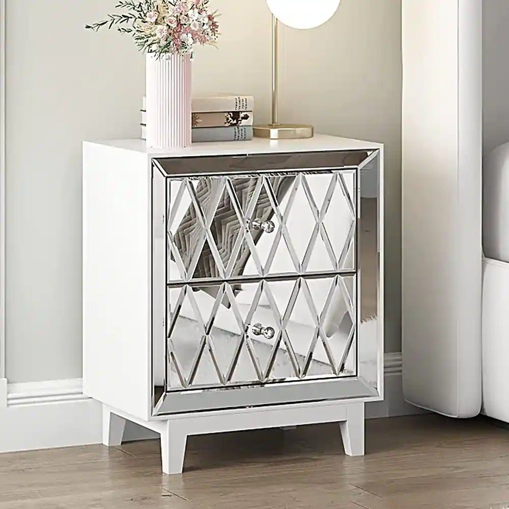 2-Drawer Mirrored Nightstand End Table - White