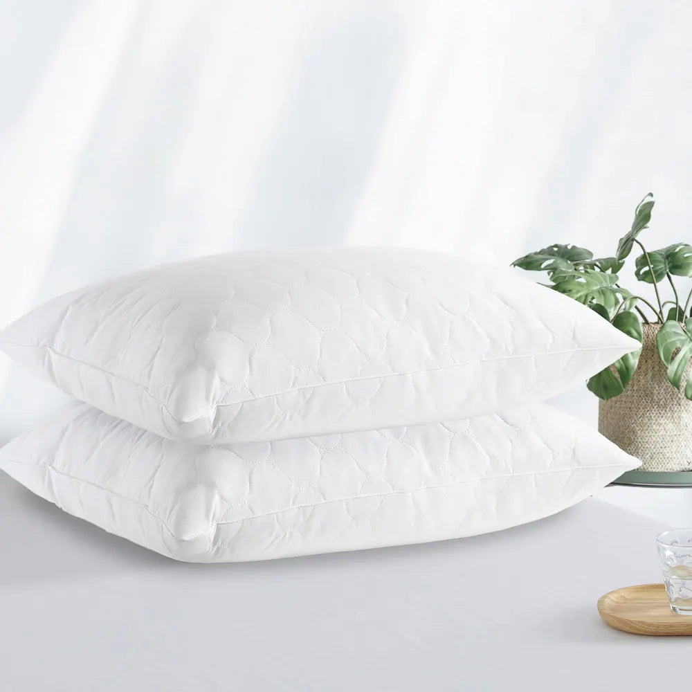 2 Pack Goose Feather Down Pillows with Quilted Cotton Cover - White - Medium - King