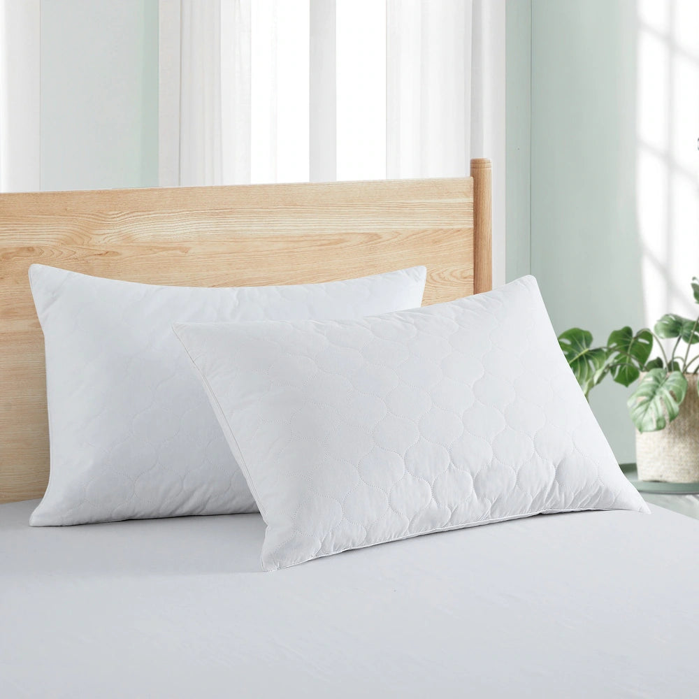 2 Pack Goose Feather Down Pillows with Quilted Cotton Cover - White - Medium - King