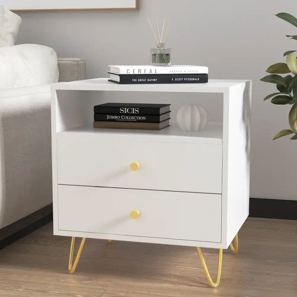 2-drawer Nightstand with One Open Shelf - White