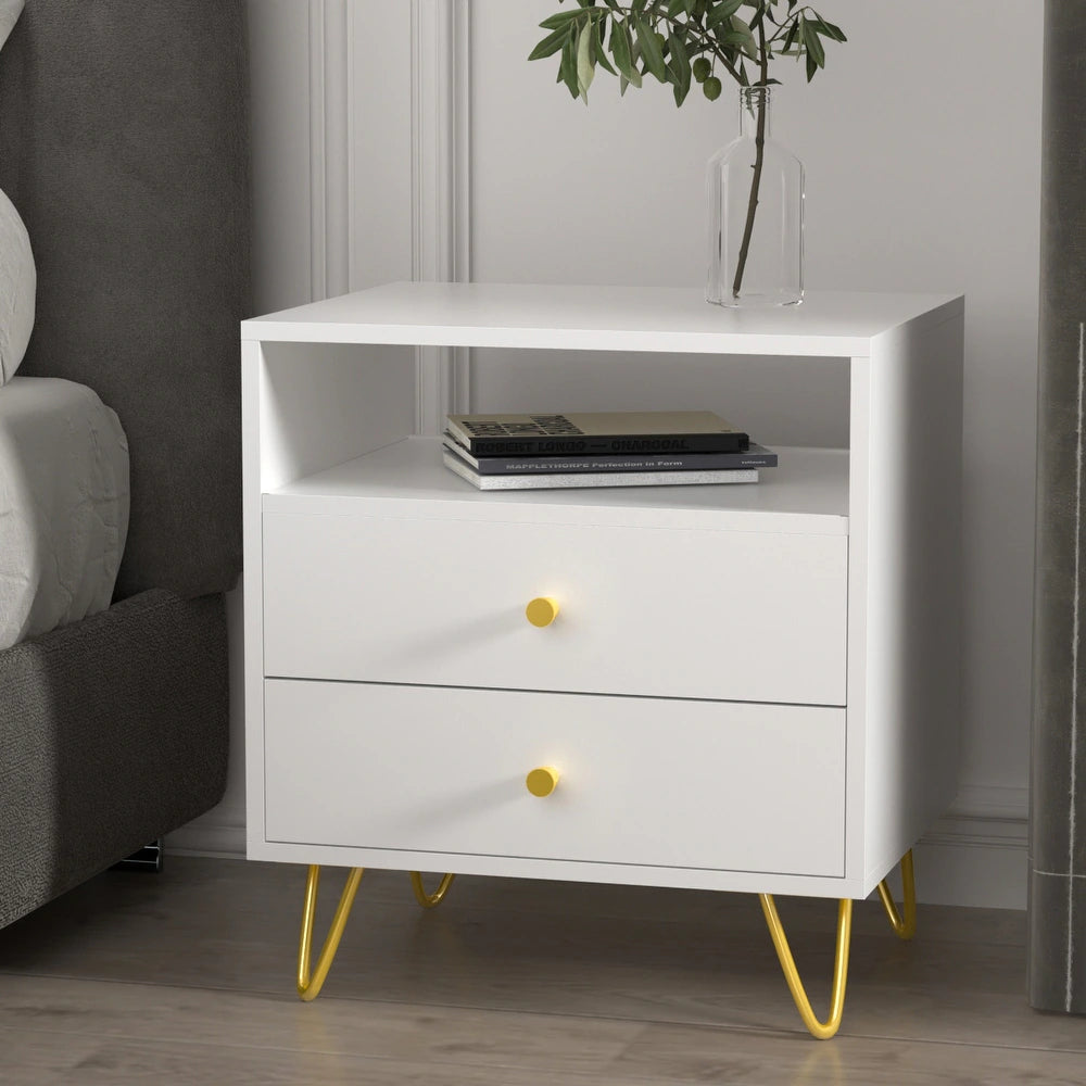 2-drawer Nightstand with One Open Shelf - White