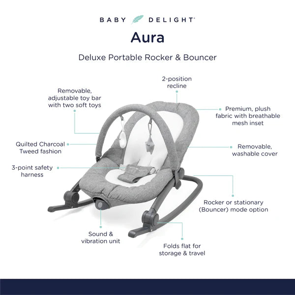 Aura Deluxe Portable Rocker & Bouncer - Quilted Charcoal Tweed