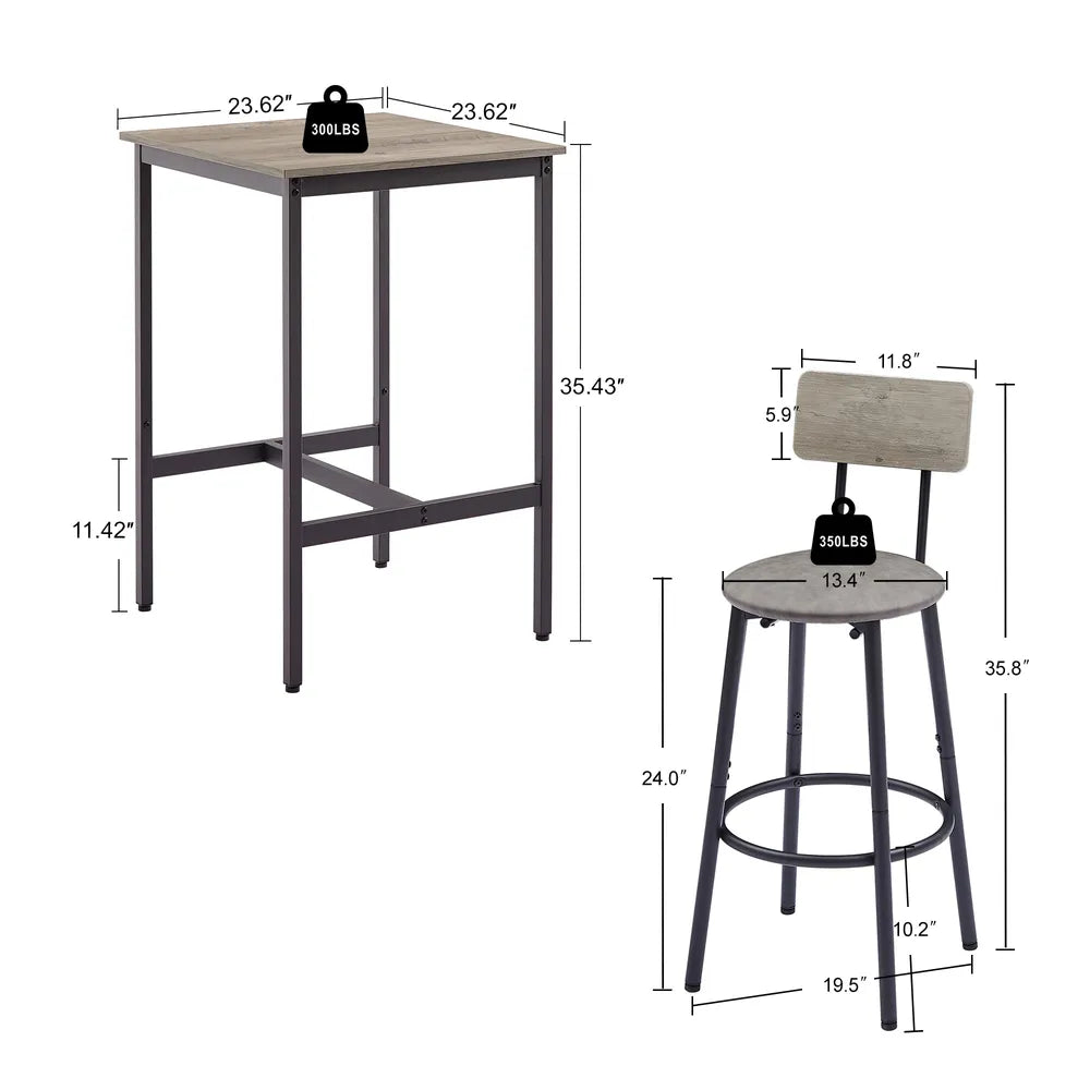Bar Table Set with 2 Bar Stools PU Soft Seat with Backrest, Grey