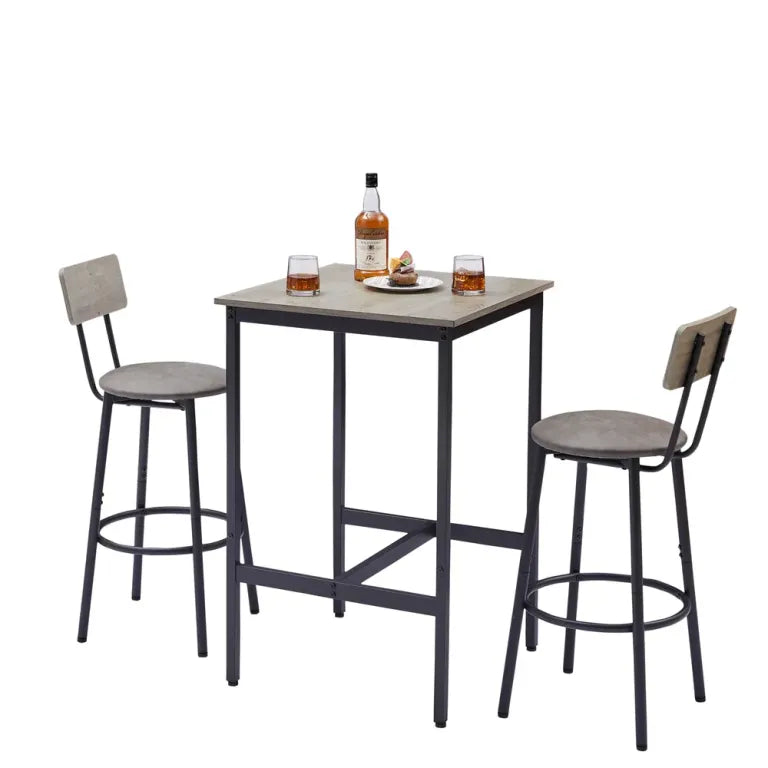 Bar Table Set with 2 Bar Stools PU Soft Seat with Backrest, Grey