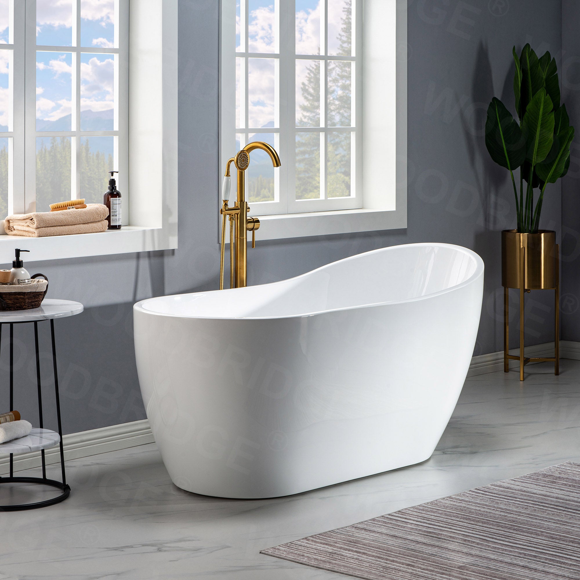 Acrylic Freestanding Bathtub Contemporary Soaking Tub with Brushed Nickel Overflow and Drain, White