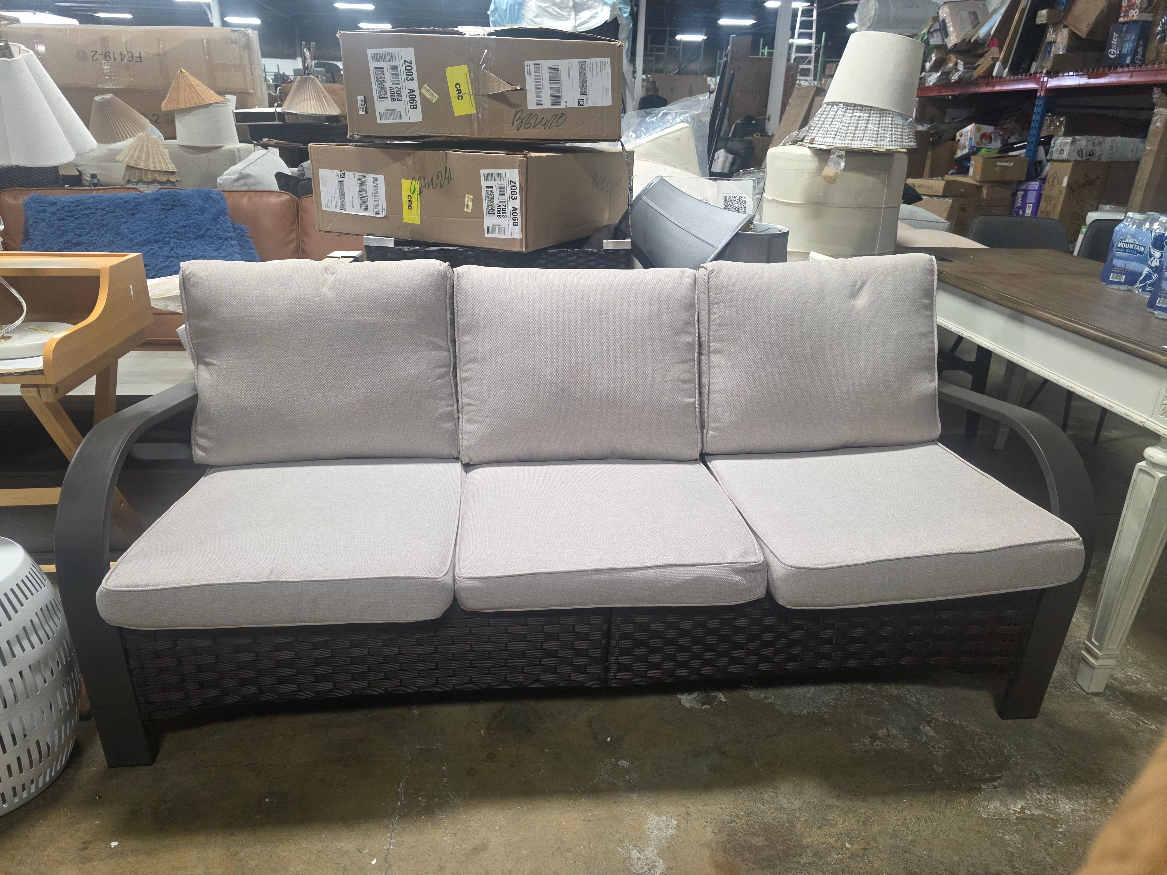 Rilyson B-Bend Wicker Outdoor Sofa with Beige Cushions and Wicker Frame - SHOWROOM ITEM