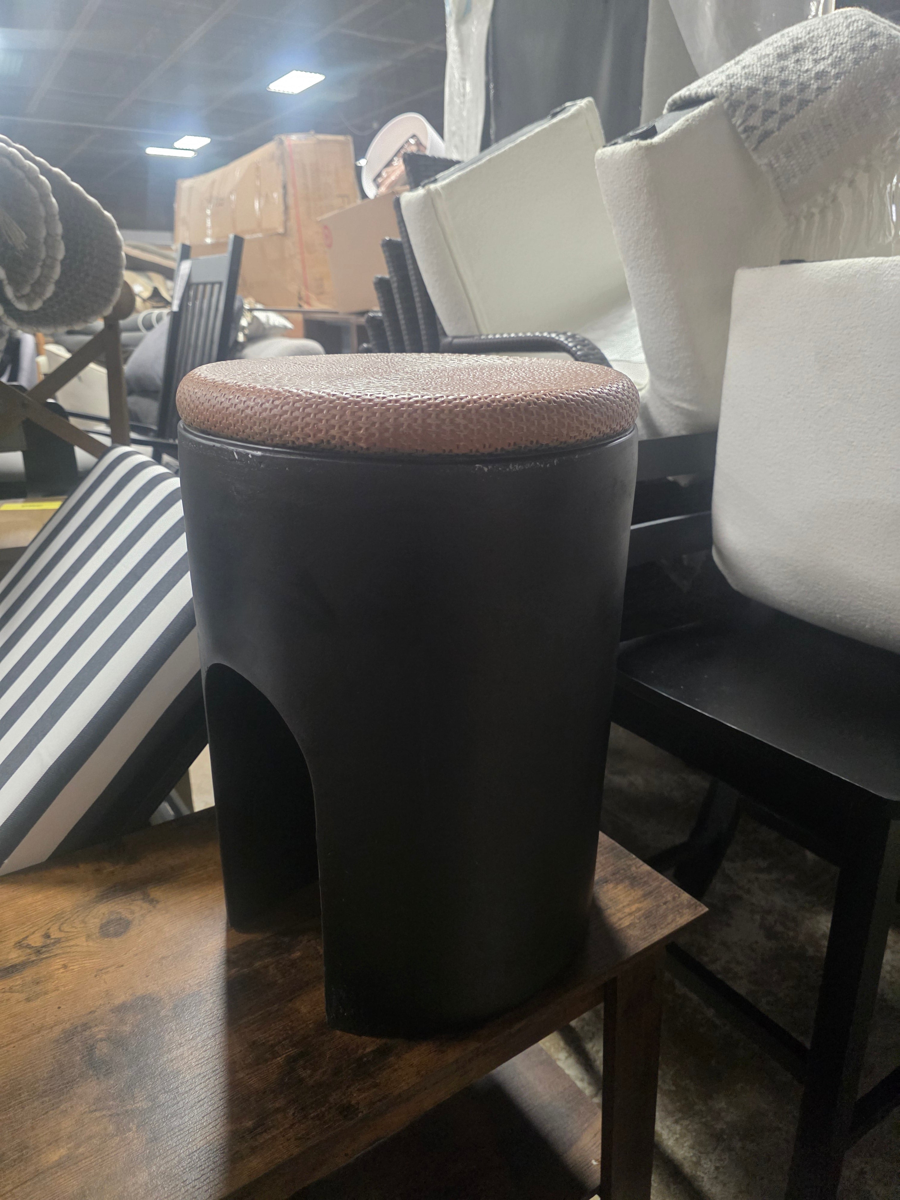 Black with Natural Rattan Finish Cement U-Shaped Base Outdoor Patio Side Table - SHOWROOM ITEM