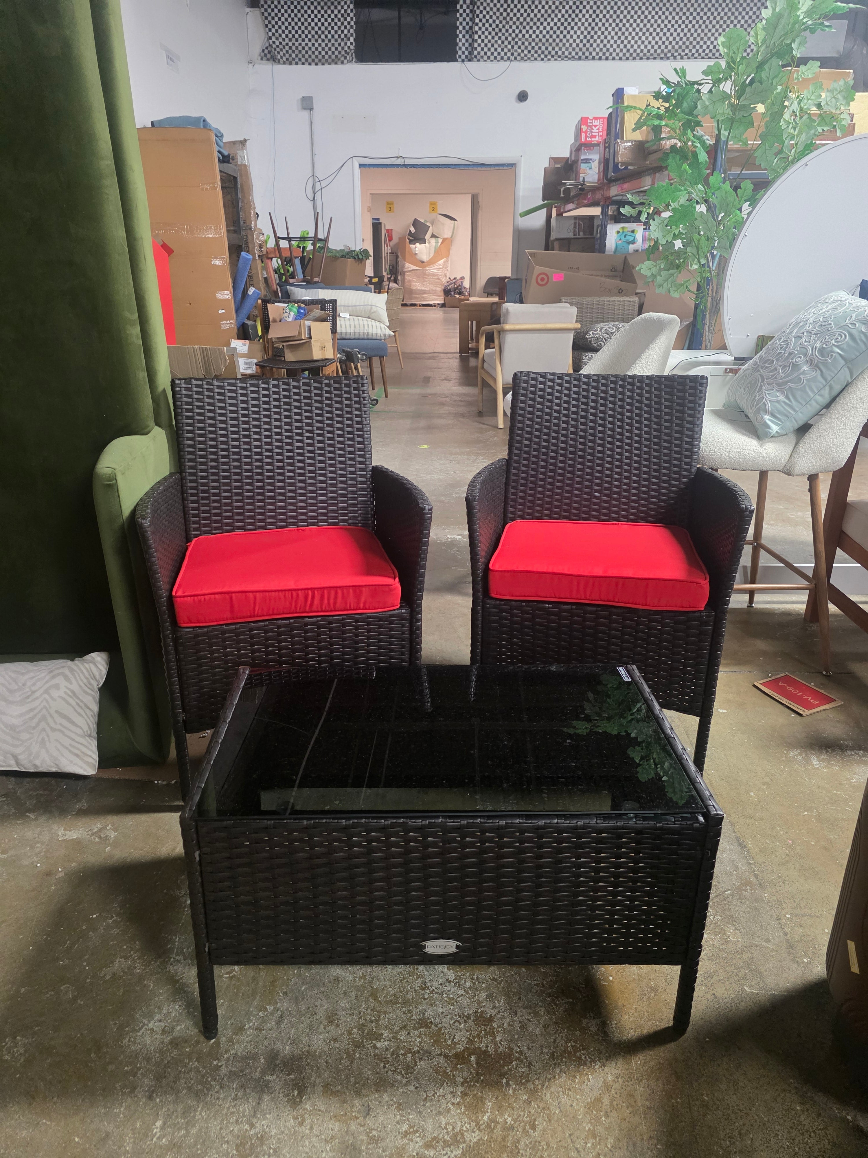3 Piece Wicker Patio Conversation Set, Rattan Chairs with Cushions and Glasstop Table - SHOWROOM ITEM