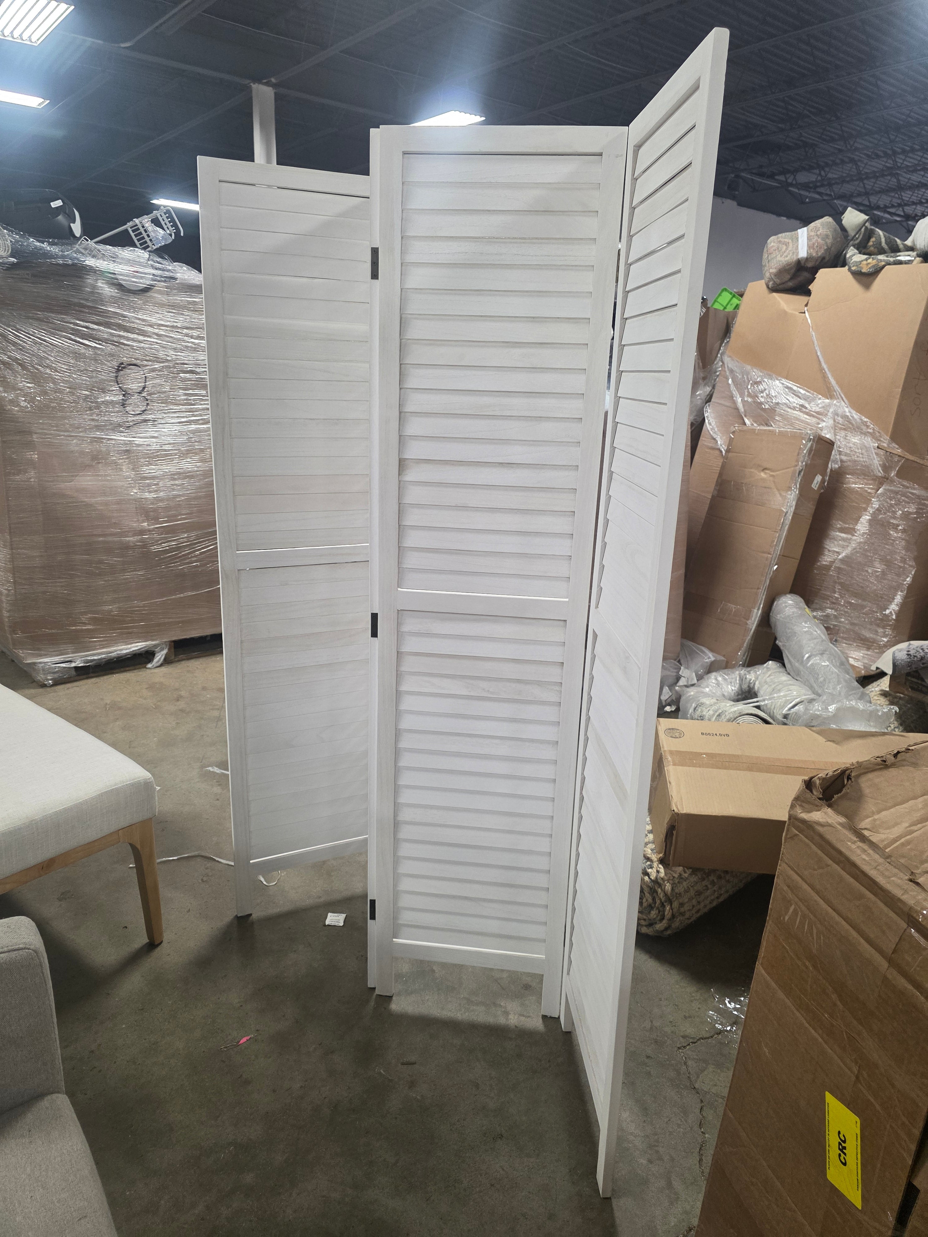 Old white 4-Panel Sycamore Wood Panel Screen Folding Louvered Room Divider - SHOWROOM ITEM