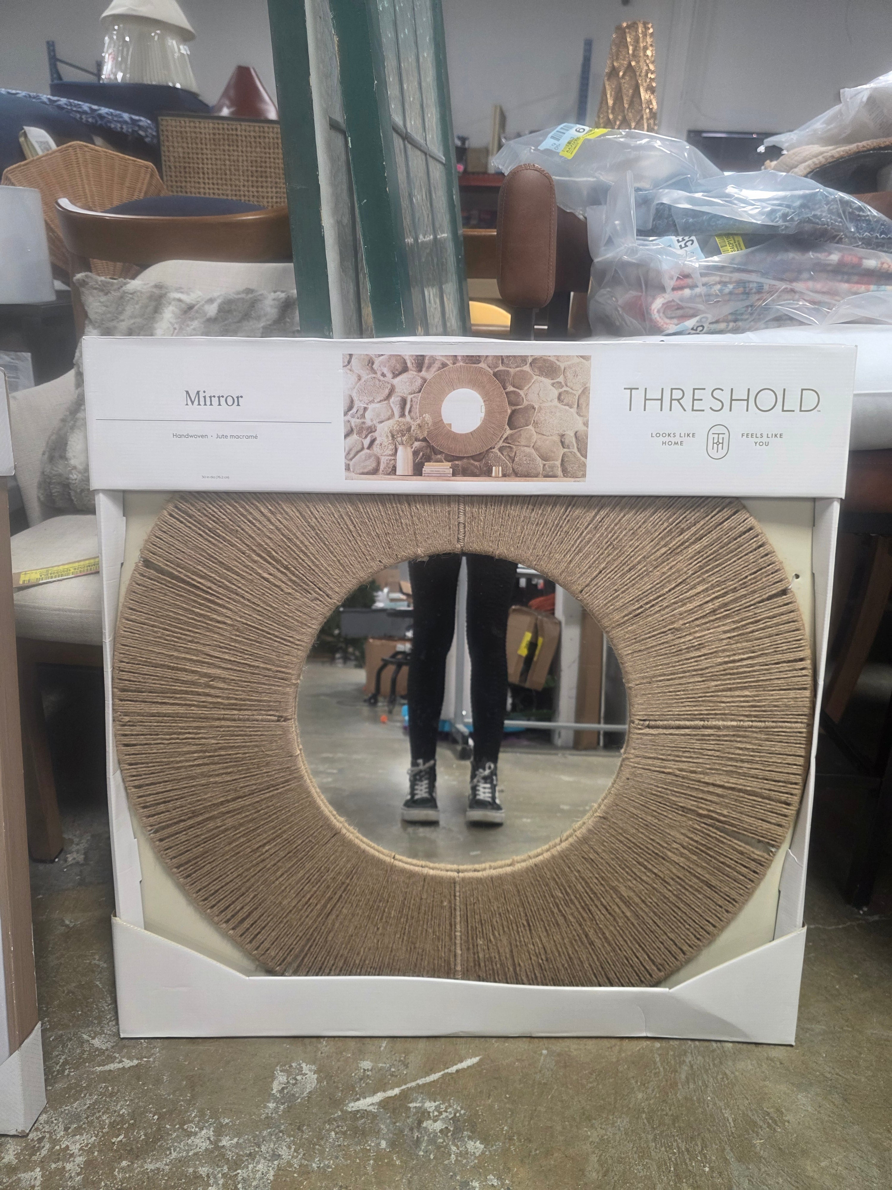 30" Round Jute Macrame Woven with 15" Round Mirror- Threshold - SHOWROOM ITEM
