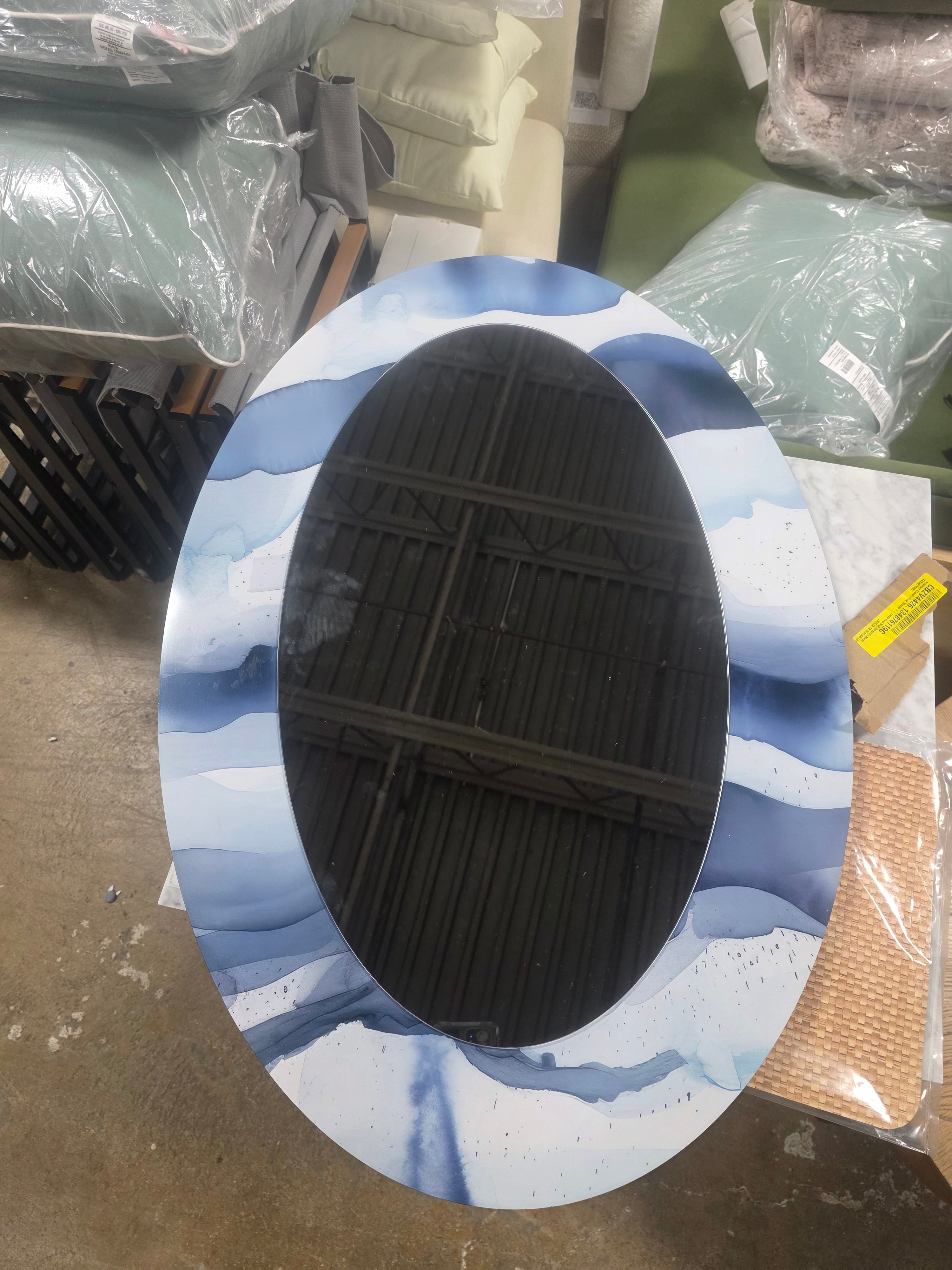Abstract Classic Blue Waves III - Blue Oval Wall Mirror Decor - SHOWROOM ITEM